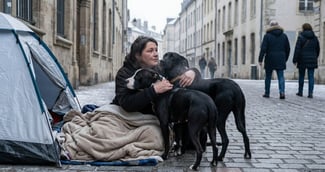 Un chien blotti contre son maître sans-abri sous une couverture dans une rue de Nancy.