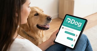 Éducateur canin discutant avec un propriétaire de chien devant un écran affichant une IA dédiée à l’éducation canine