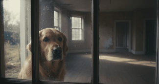 Un chien secouru par les autorités dans une maison vide après un abandon.