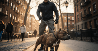 Un chien tenu fermement en laisse courte par son propriétaire dans une rue de ville