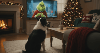 Un Border Collie attentif regardant intensément un film de Noël à la télévision dans un salon décoré.