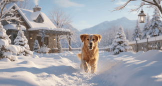 Un Golden Retriever joyeux sautant dans la neige fraîche
