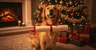Un Golden Retriever joyeux regardant une liste de Noël tenue par son maître