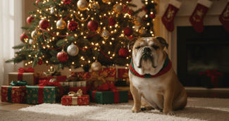 Un bouledogue anglais assis sagement sous un sapin de Noël décoré avec des lumières.