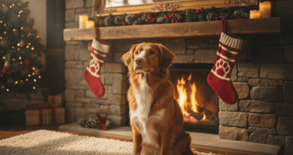Un chien de race Nova Scotia Duck Tolling Retriever regardant avec curiosité une chaussette de Noël suspendue à une cheminée.
