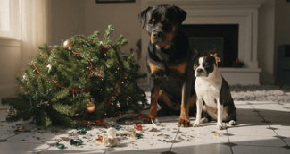Un Rottweiler et un Boston Terrier jouant près d'un sapin de Noël renversé au milieu d'un salon.