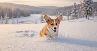 Un chiot Corgi joyeux sautant dans la neige fraîche avec ses oreilles dressées