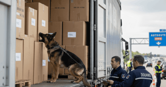 Chien douanier flairant la drogue dans un camion sur l'autoroute A9