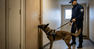 Chien policier devant une porte, forces de l'ordre à Niort