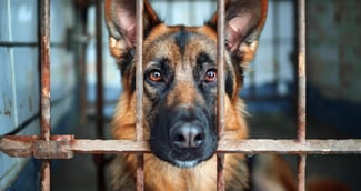 chien abandonné dans un refuge saturé, entouré de cages pleines