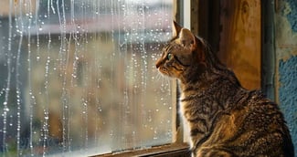 Chat contemplant l'approche d'une tempête depuis une fenêtre