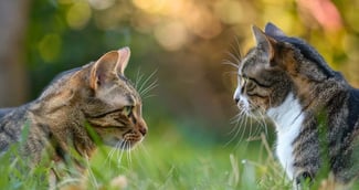 Chat mâle marquant son territoire et chatte adoptive dans un intérieur familial, illustrant la diversité des comportements félins.