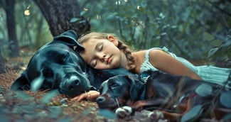 Thea endormie dans les bois, utilisant Buddy le Rottweiler comme oreiller, avec Hartley le Springer Spaniel veillant sur elle.