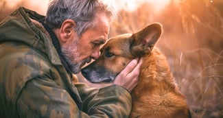 Retrouvailles émouvantes entre un homme et son chien fidèle dans un cadre chaleureux.