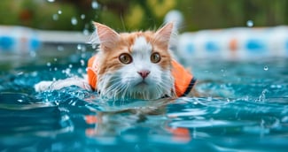 Ty le chat obèse nageant avec un gilet de sauvetage dans une piscine