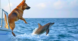 Un Berger Allemand nommé Maverick sur le bord d'un bateau, observant des dauphins joueurs sautant dans l'océan