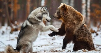 Un chien Husky jouant joyeusement avec trois ours bruns dans la nature sauvage du Kamtchatka
