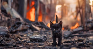 petit chaton noir dans décor post-apocalyptique dévasté par les flammes